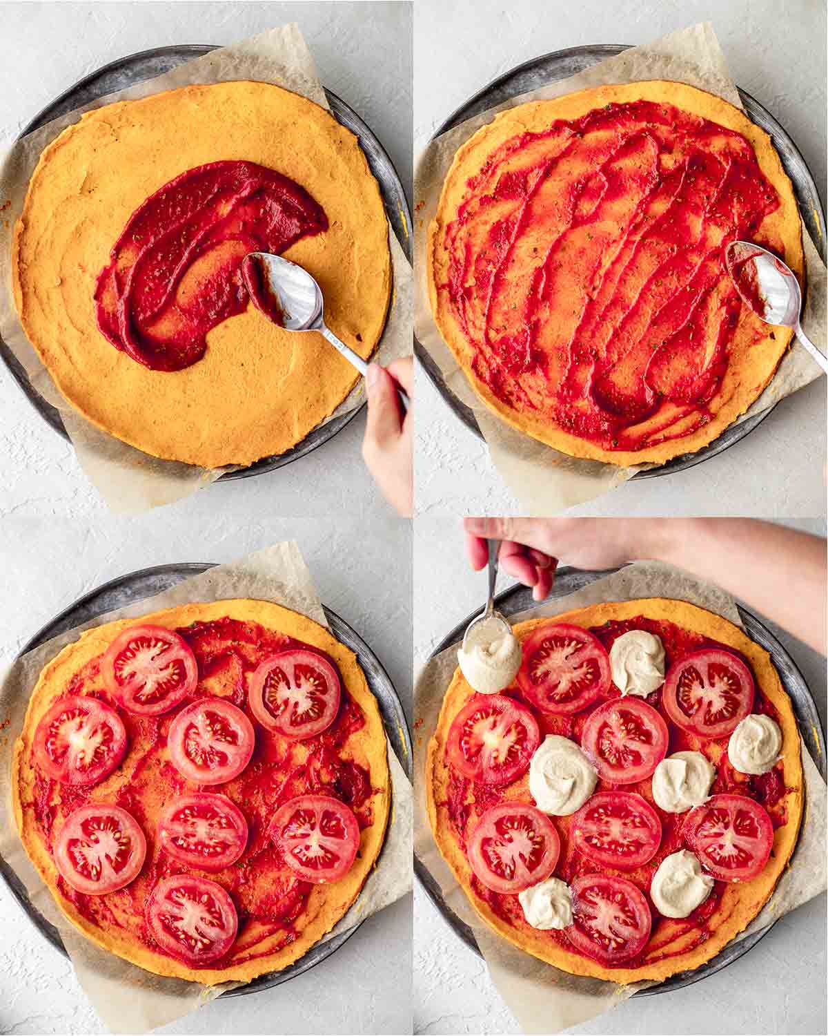 Four image collage of how to assemble a vegan margherita pizza.