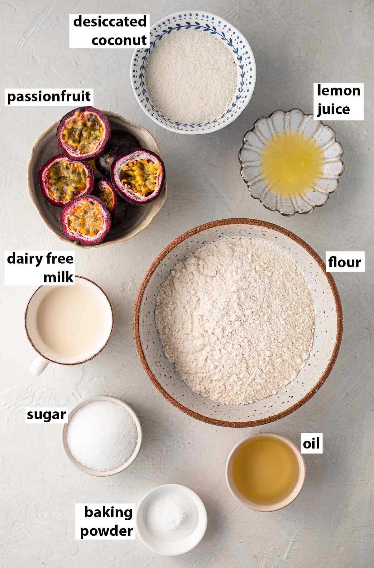 Flatlay of ingredients for passionfruit cake.