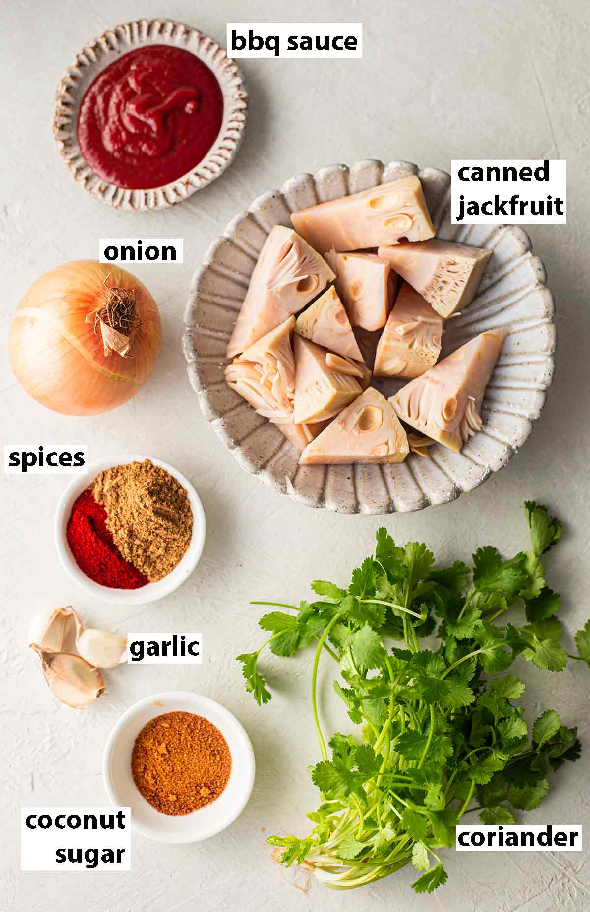 Flatlay of ingredients for bbq jackfruit (vegan pulled pork substitute).