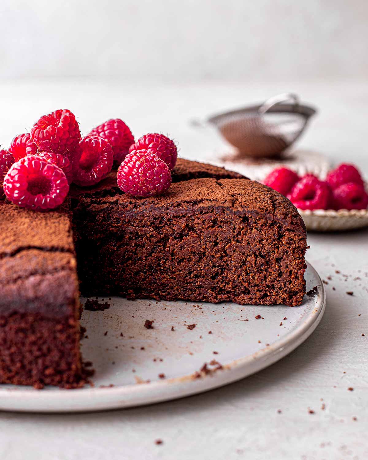 Close up of fudge like texture of chocolate cake.