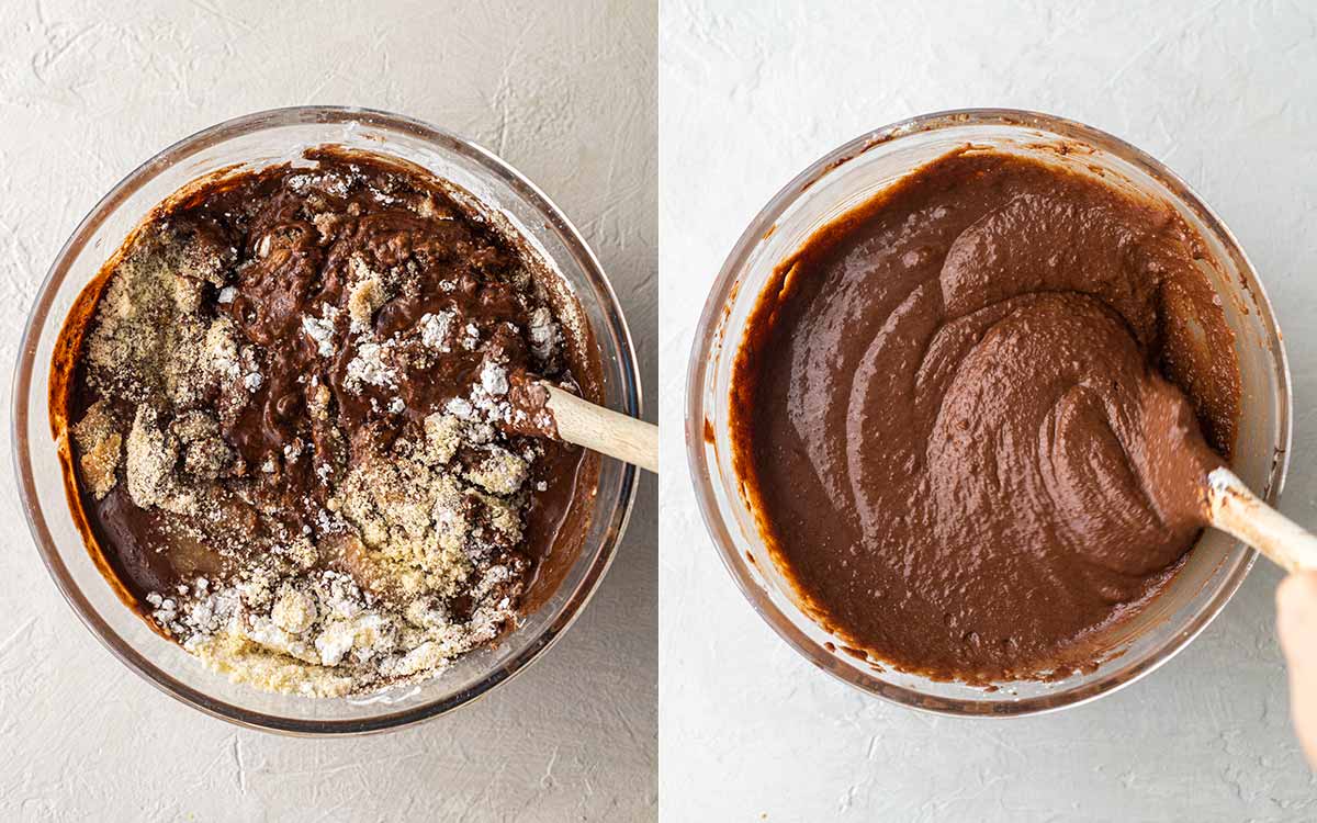 Two image collage of thick batter for chocolate cake.