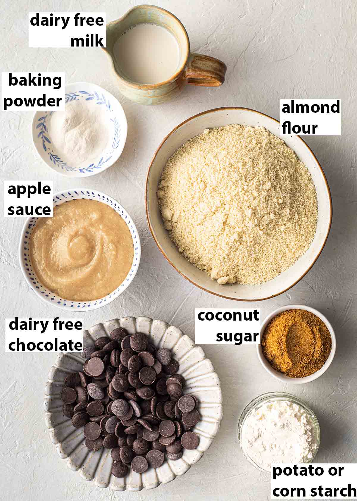 Flatlay of vegan gluten free ingredients for the chocolate cake.