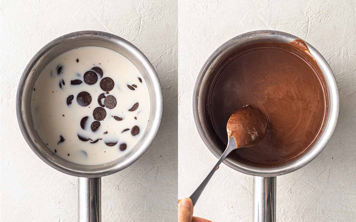 Two image collage of how to melt dairy free chocolate and milk in small saucepan.