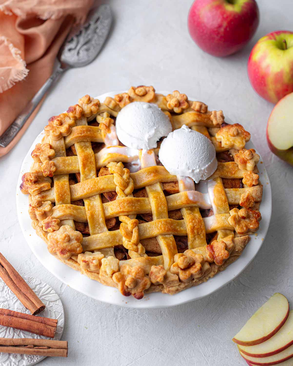 Side angle image of apple pie.