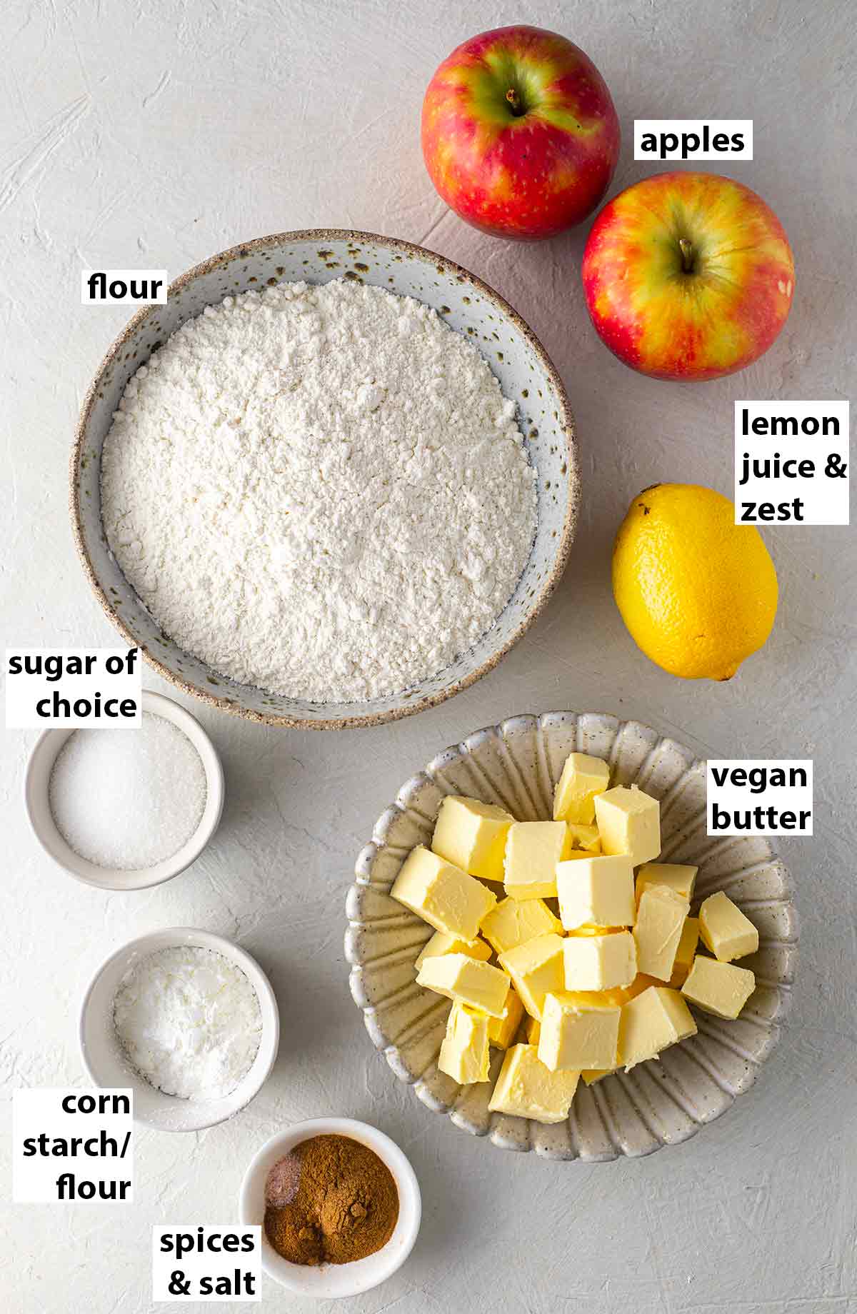 Flatlay of ingredients for apple pie.