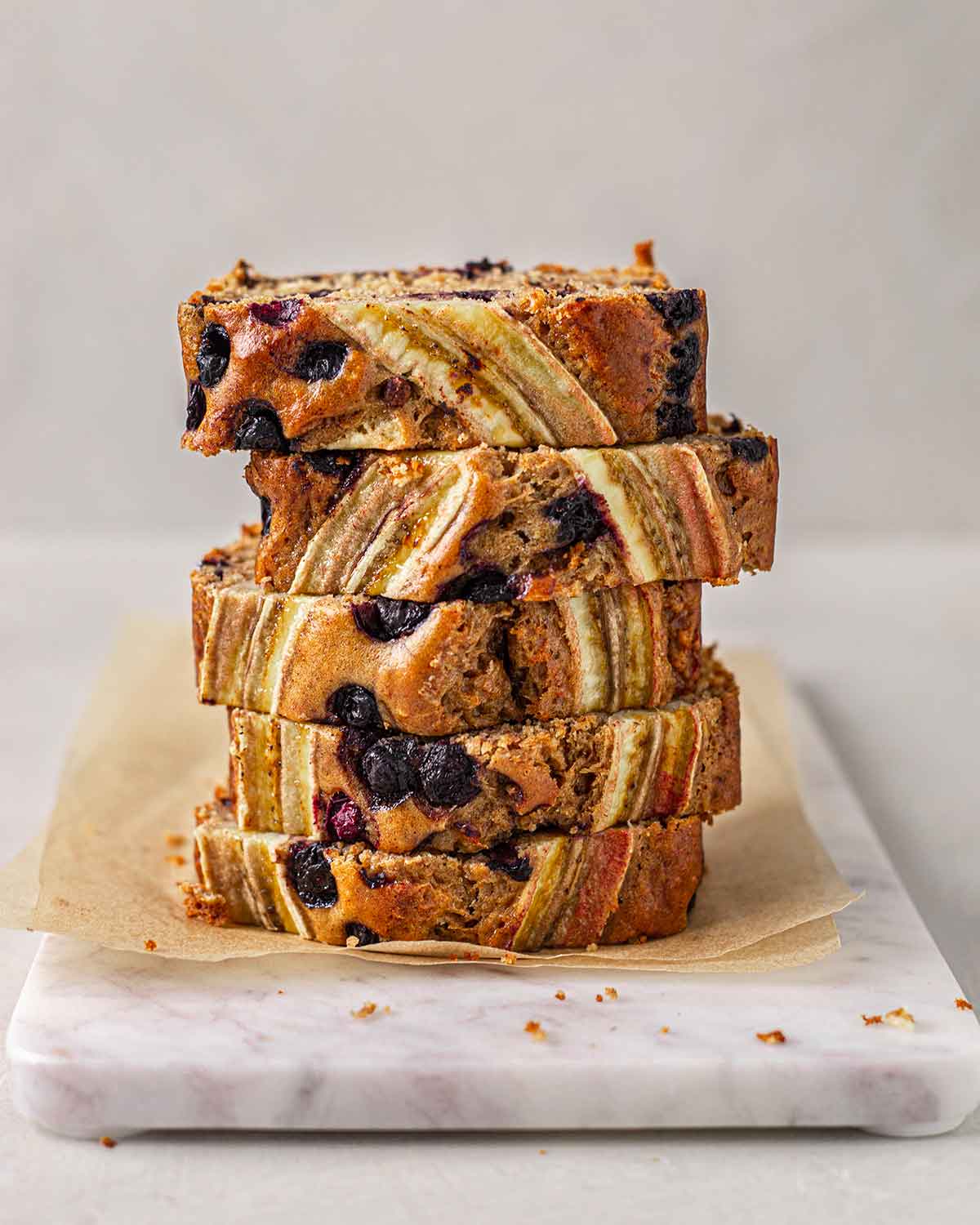 Stacked slices of healthy vegan banana bread.