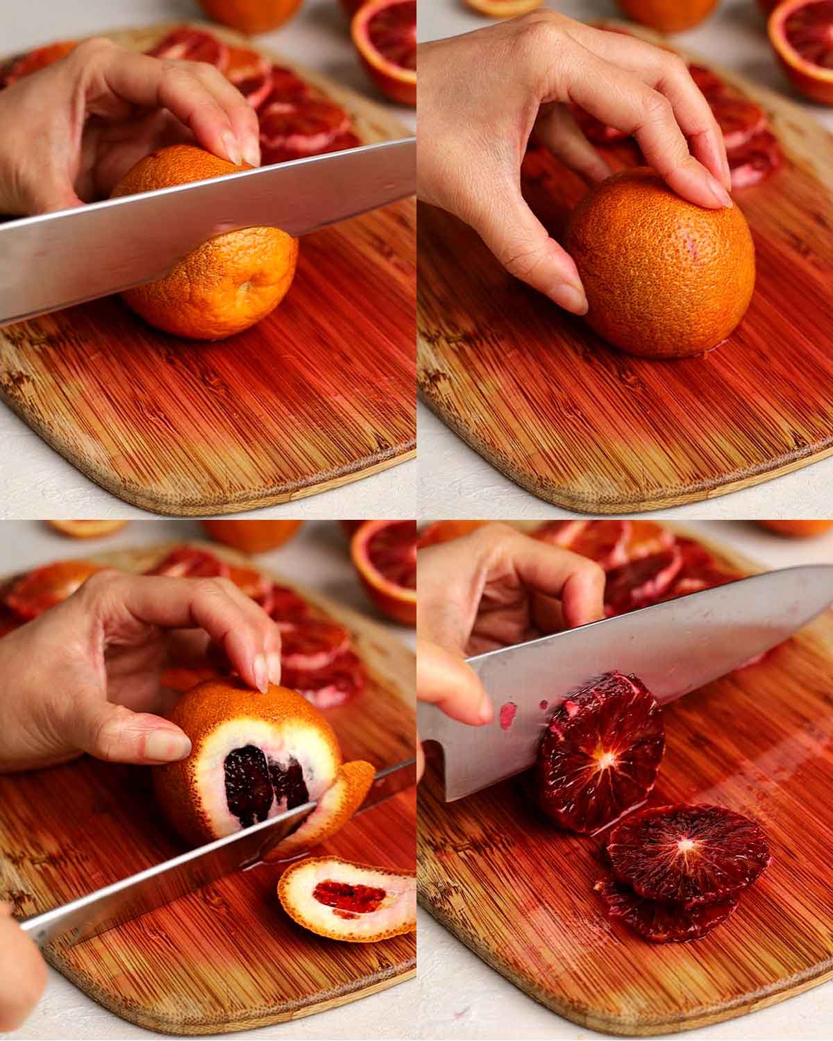 Four image collage showing how to peel and slice a blood orange.