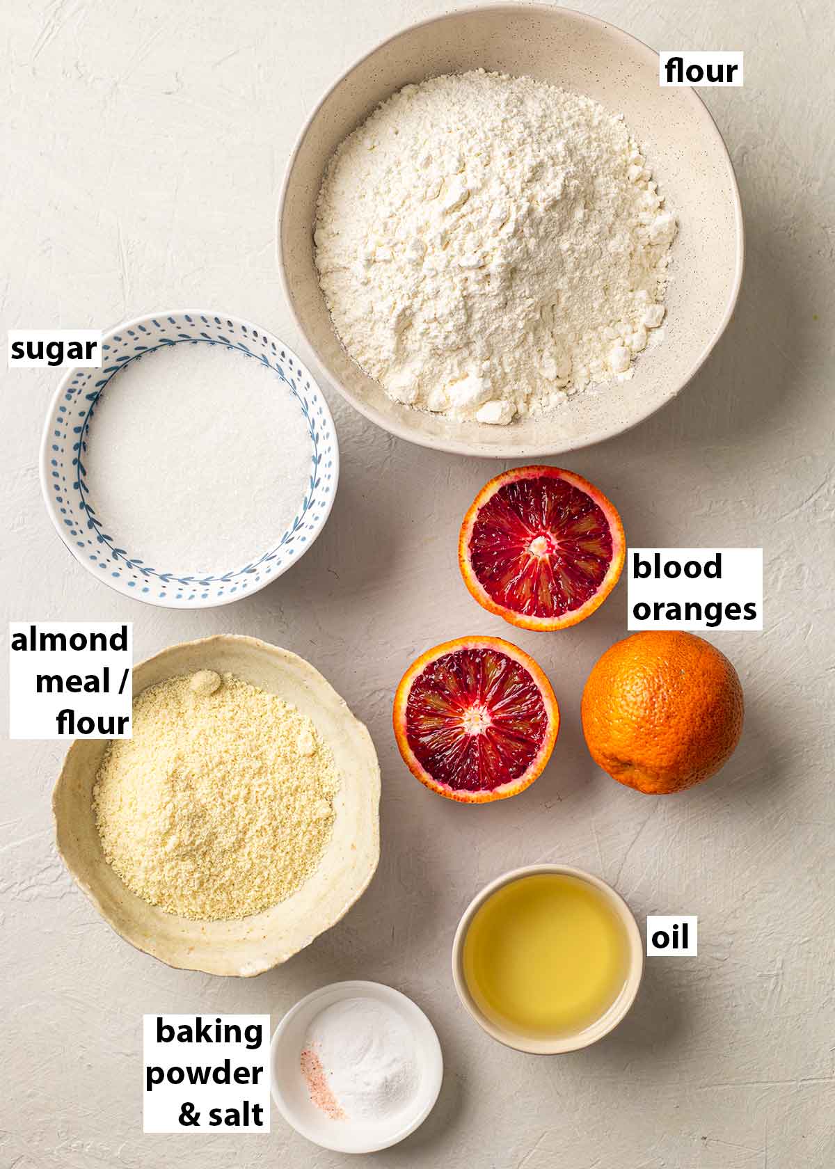 Flatylay of ingredients for blood orange cake.