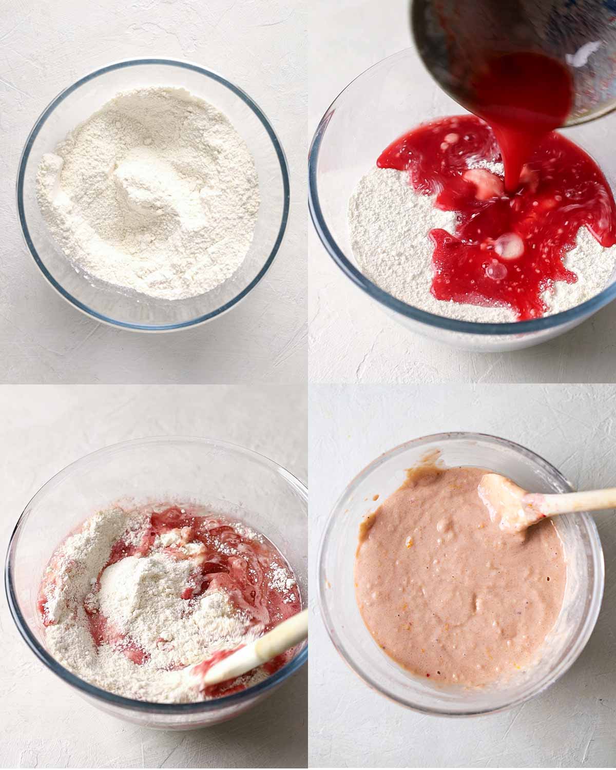 Four image collage of the one bowl cake batter.