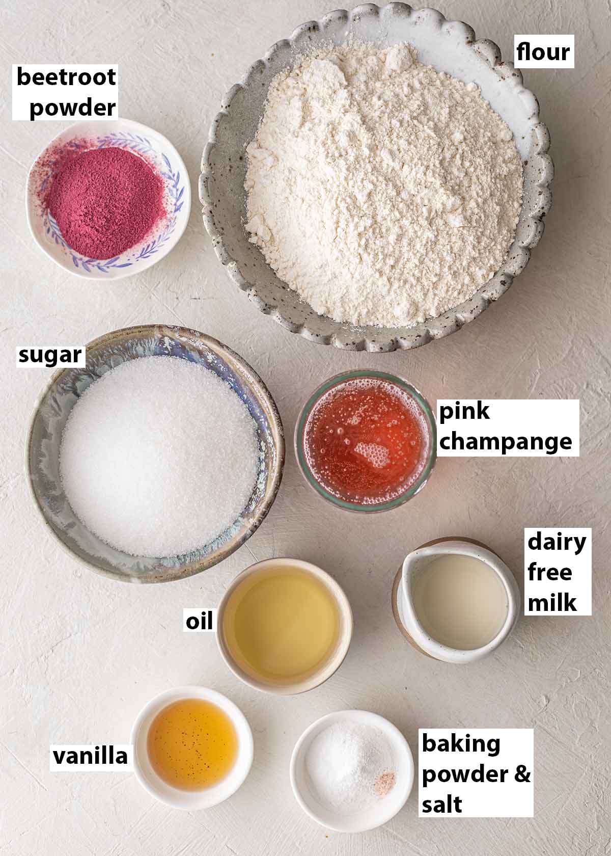 Flatlay of ingredients for pink champagne cake.