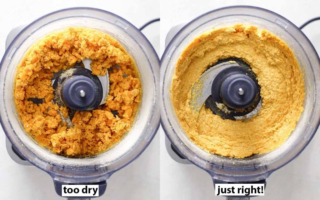 Two image collage of ingredients for pumpkin crust in food processor.