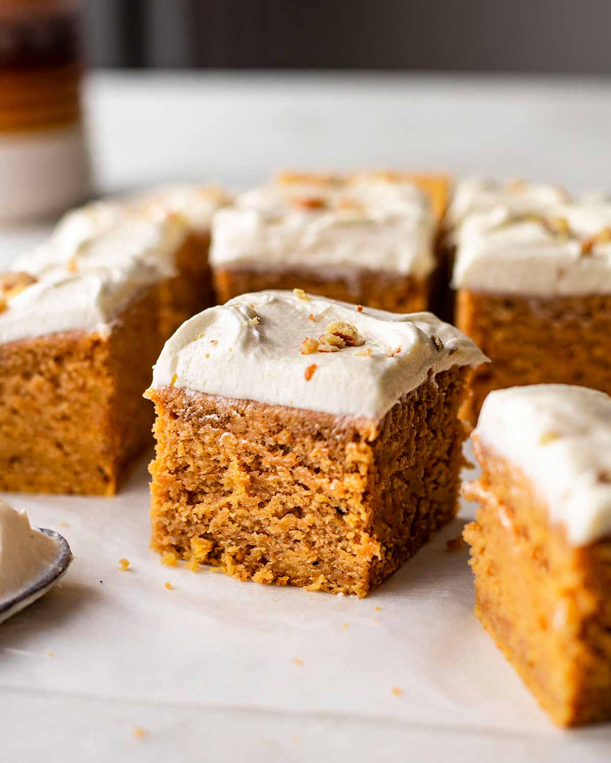 Close up of fluffy and moist texture of one serving of cake.