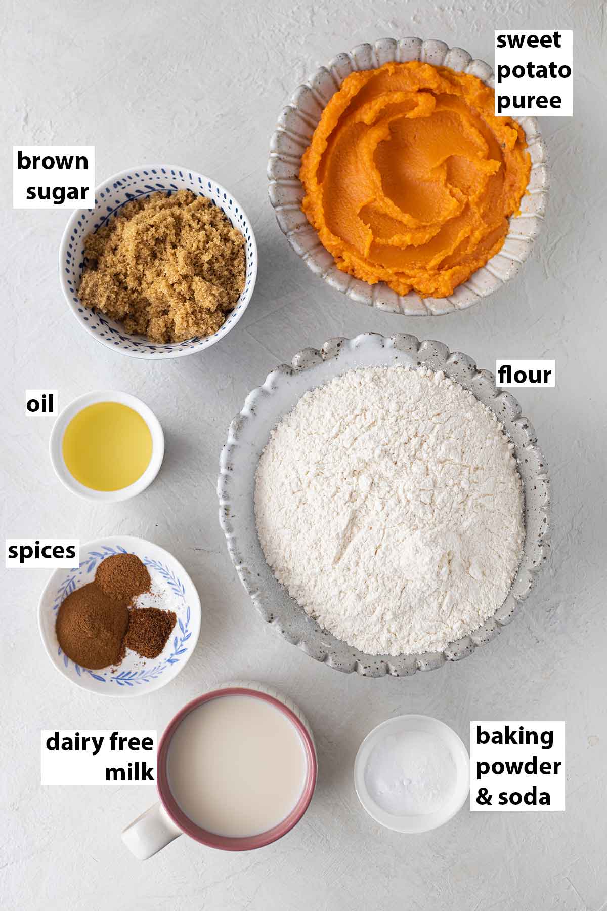 Flatlay of ingredients for the sweet potato cake.