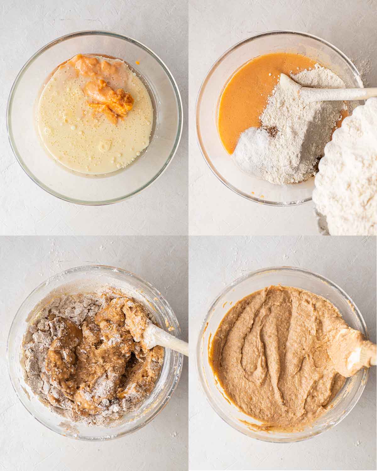 Four image collage of how to prepare the sweet potato cake batter using just one bowl.