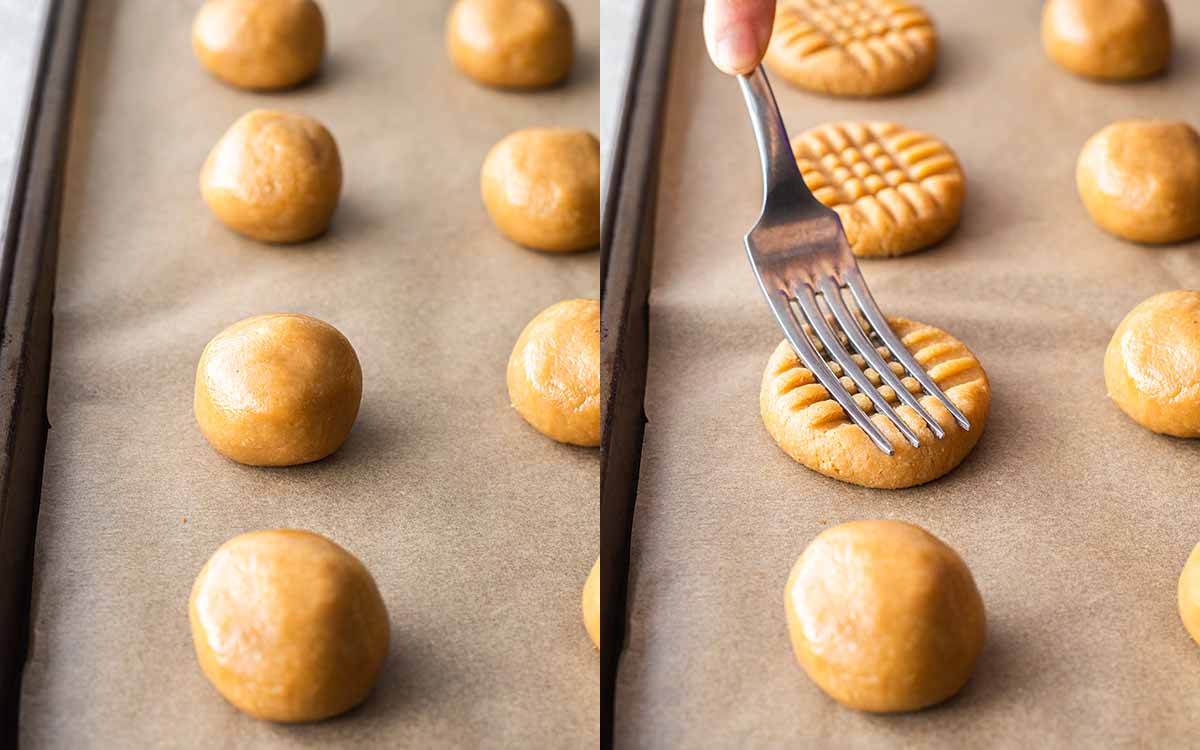 Two image collage of smooth peanut butter cookie dough balls and with fork pressing down each ball to make criss cross pattern.