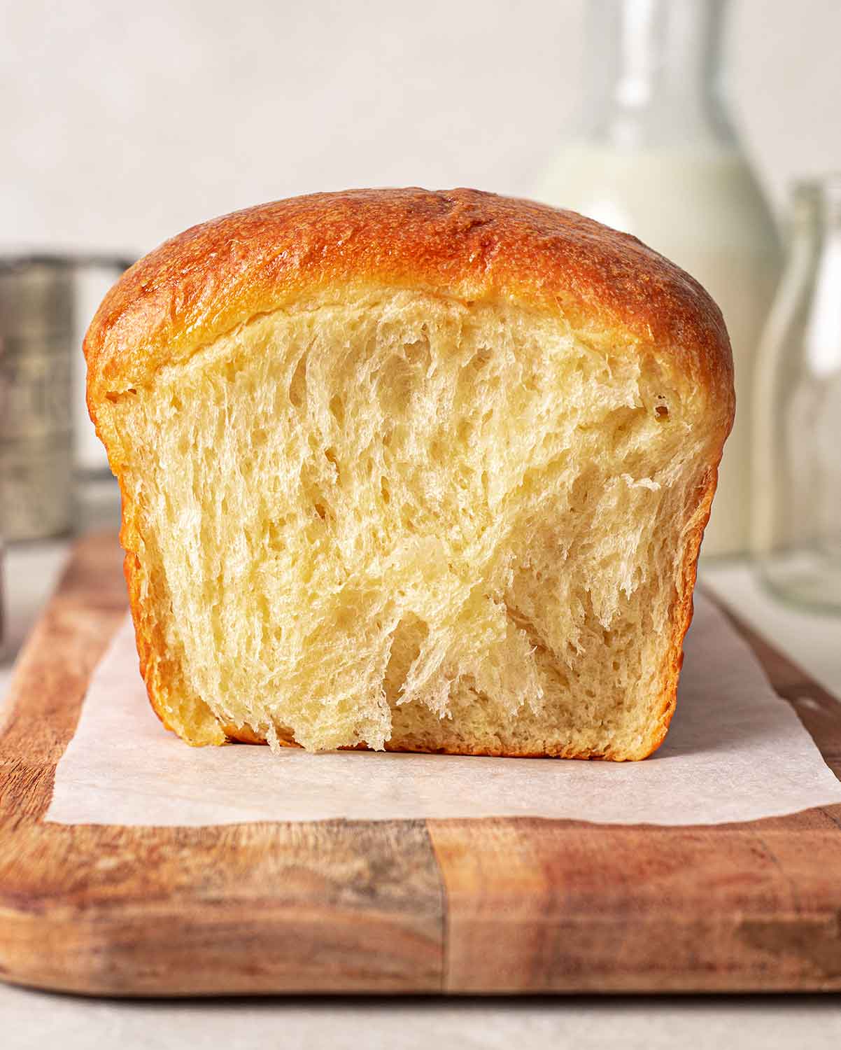 Close of up brioche that's been kneaded using the 'advanced method'. The crumb has a feathery texture.