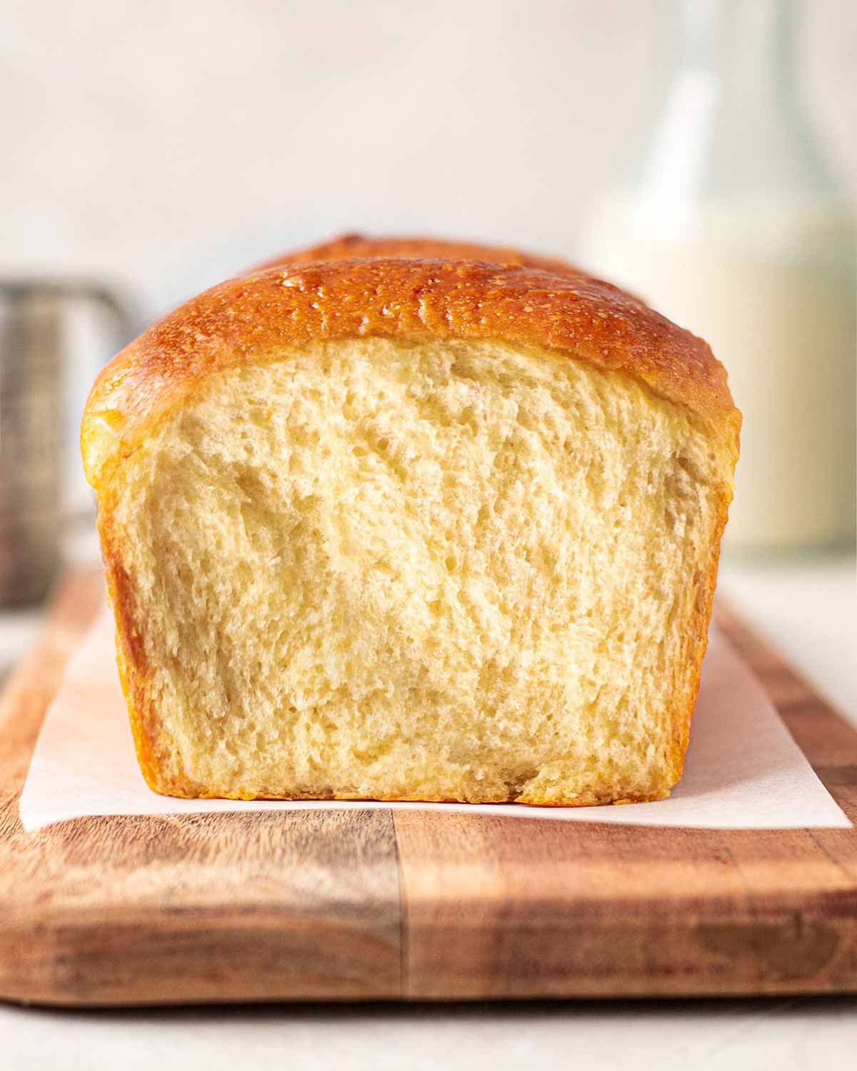 Close of up brioche that's been kneaded using the 'easy method'. The crumb has a cake-like texture.