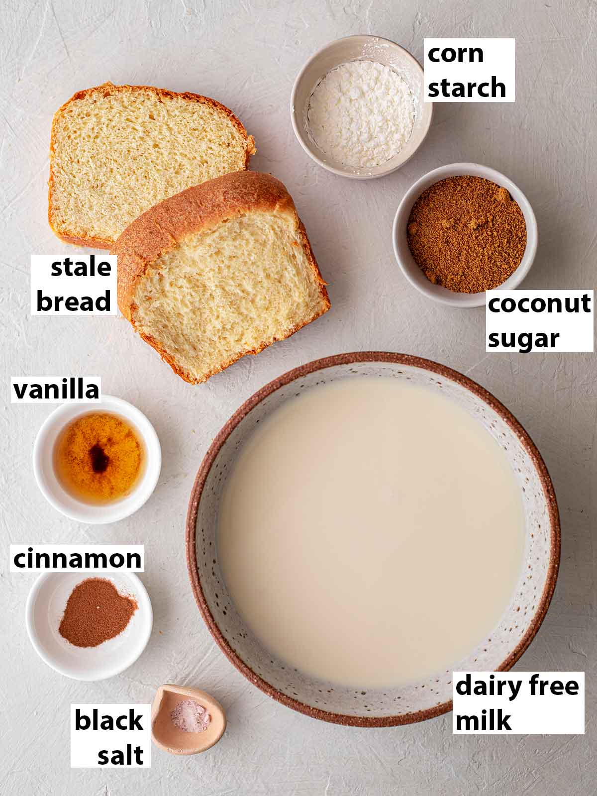 Flatlay of ingredients for overnight vegan overnight french toast.