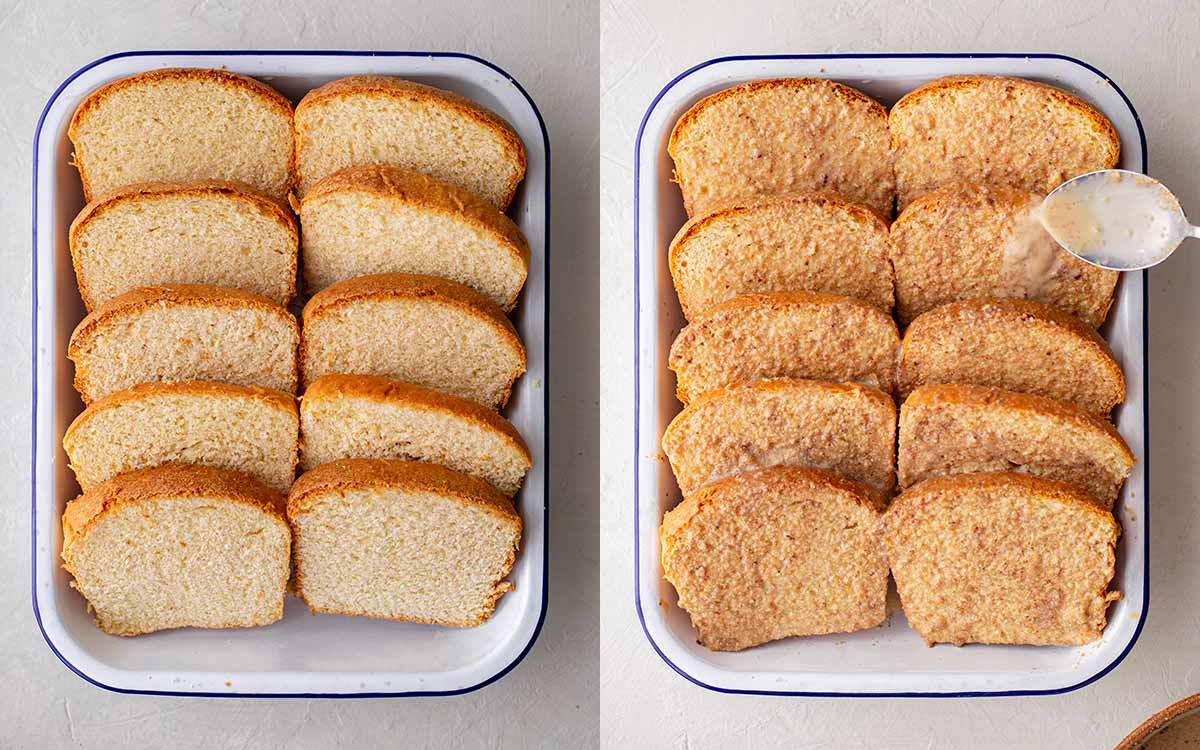 Two image collage of 10 slices of bread neatly arranged in a casserole dish. One image has a spoon carefully pouring custard liquid on top.