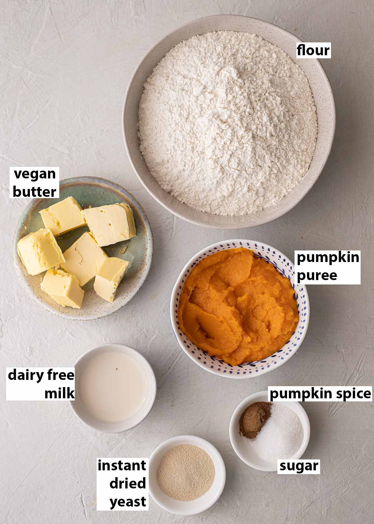 Flatlay of ingredients for the vegan pumpkin dinner rolls.