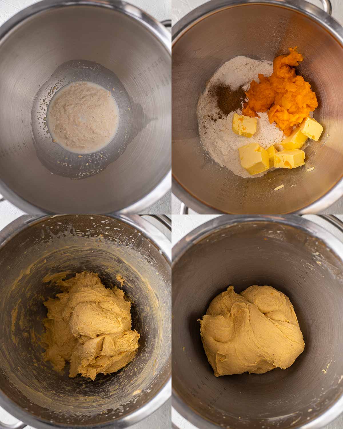 Four image collage of the ingredients and pumpkin dough in the bowl of a stand mixer.