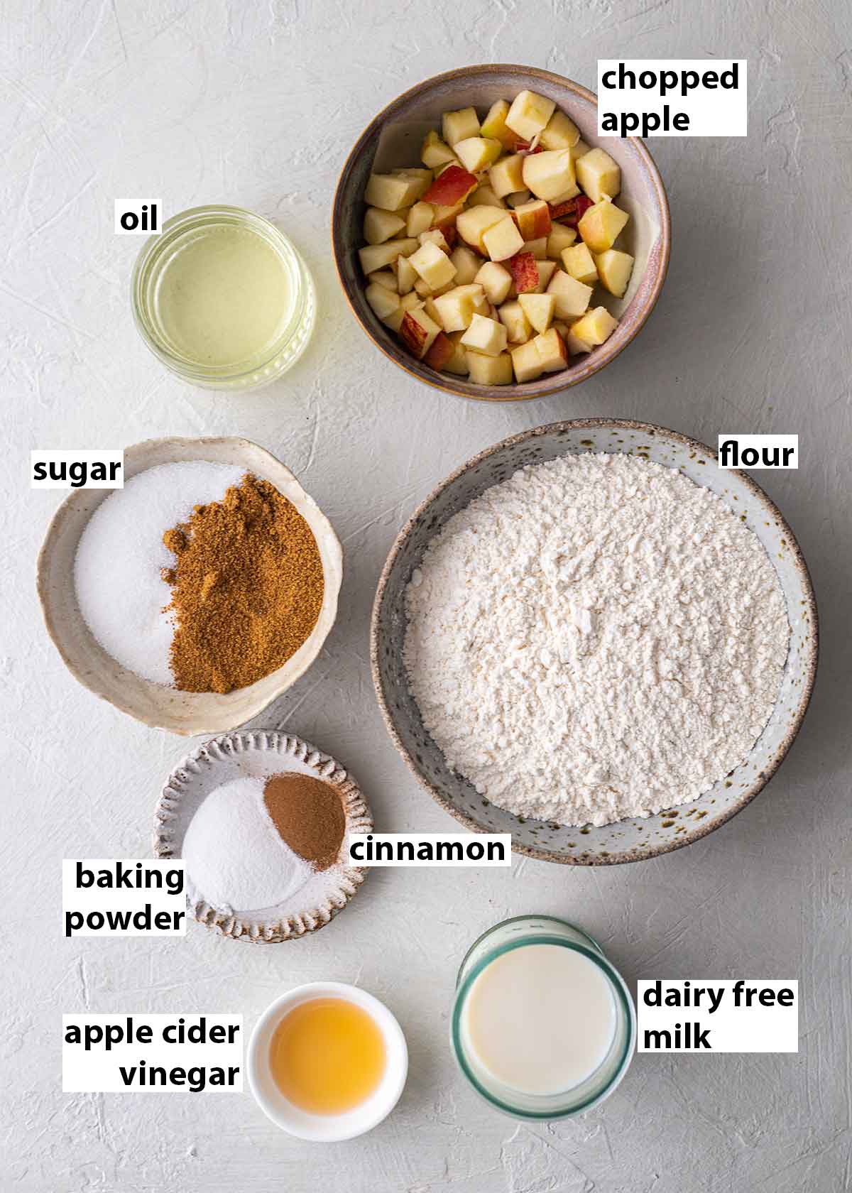 Flatlay of ingredients for apple muffins.