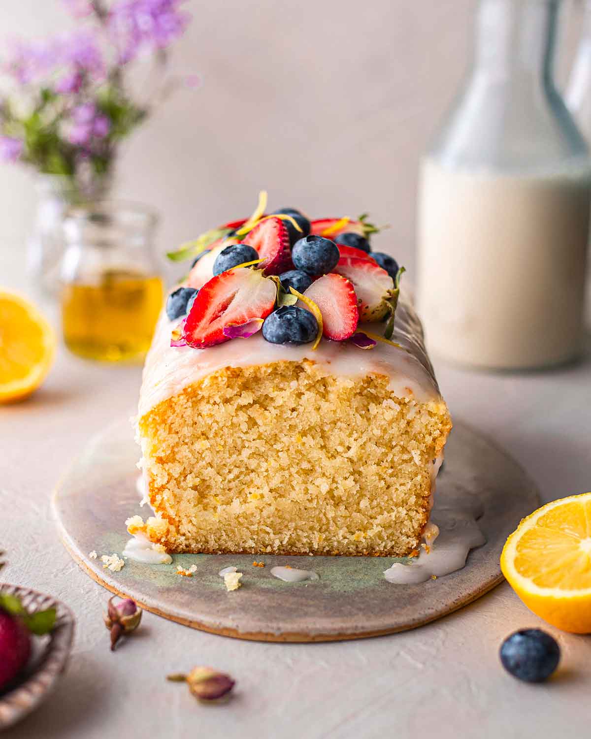 Front image of lemon cake showing fluffy texture.