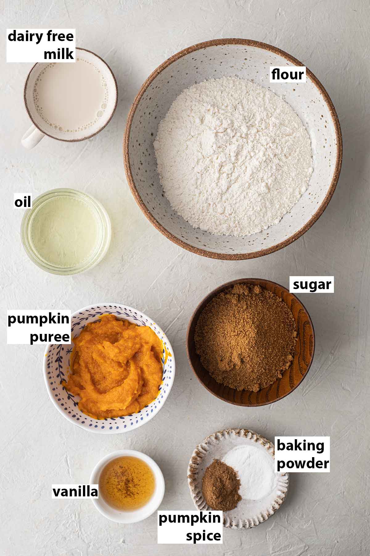 Flatlay of ingredients for vegan pumpkin donuts.