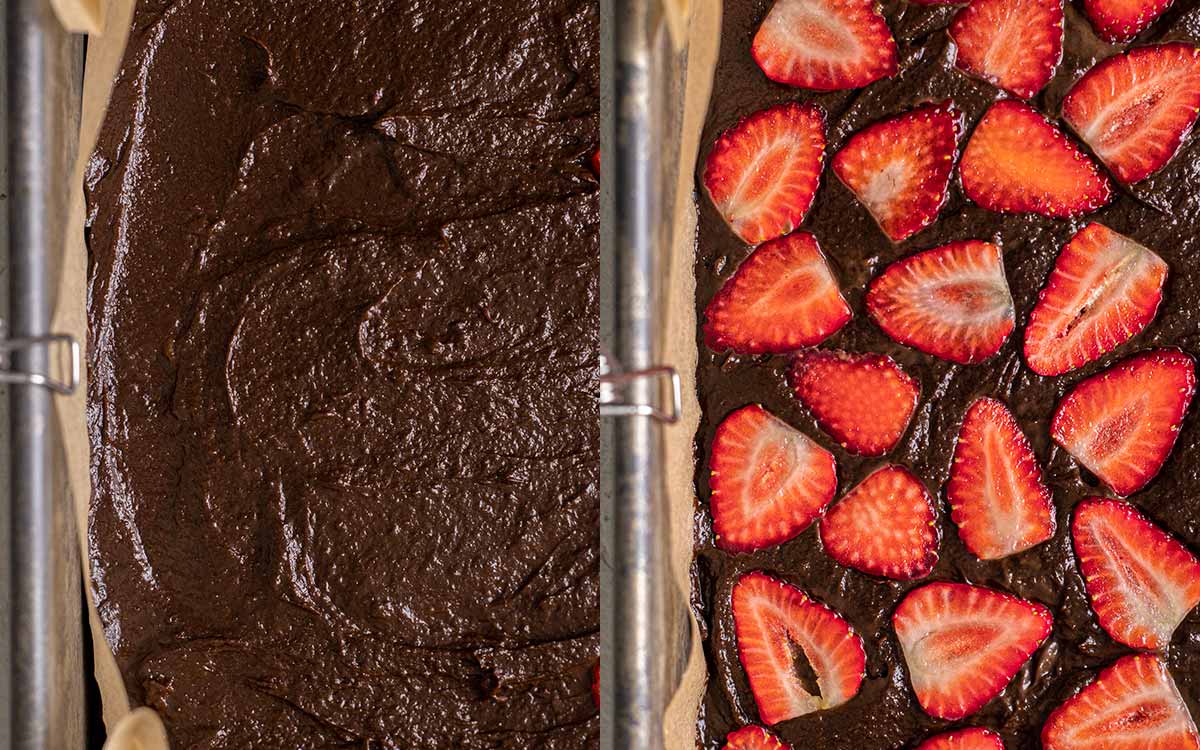 Two image collage showing undecorated brownie batter in tin and brownie batter covered in sliced strawberries.