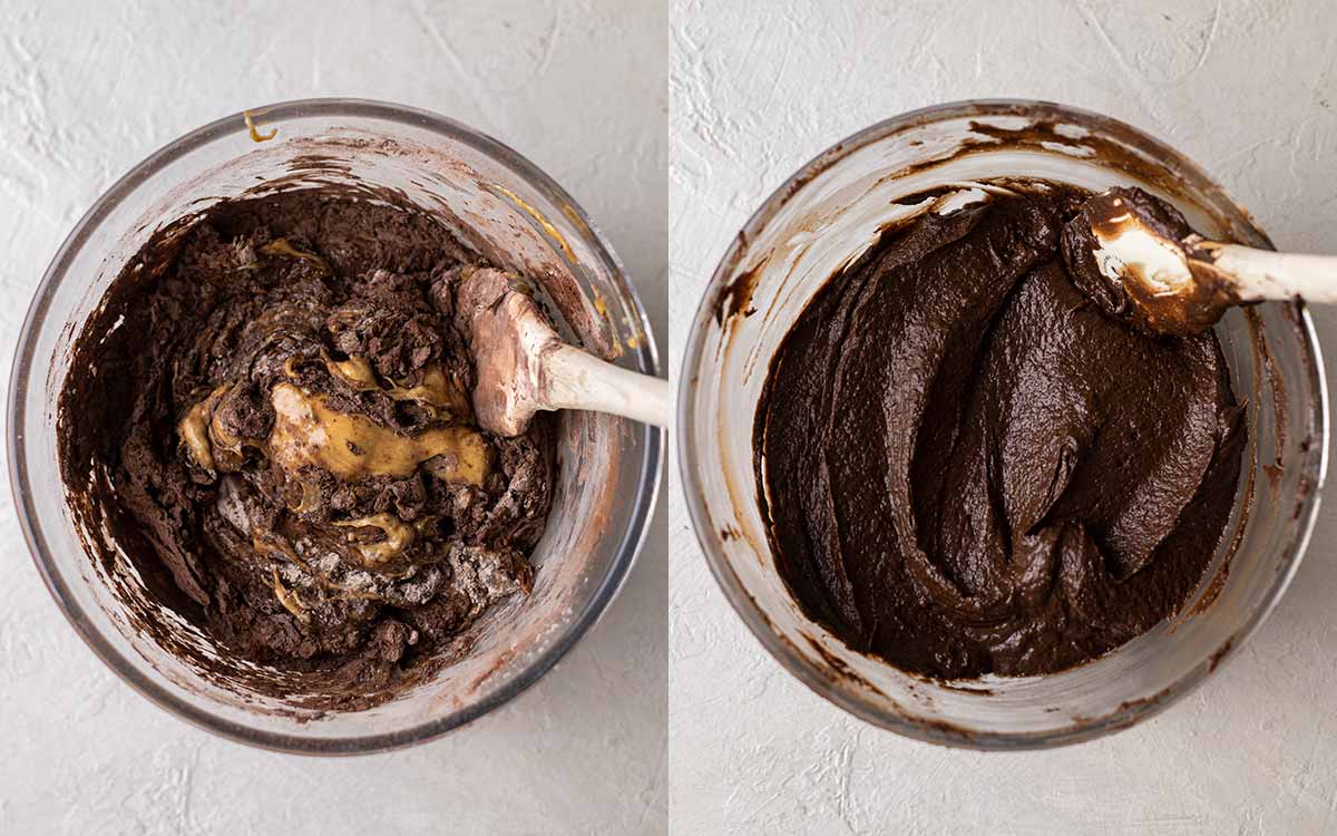 Two image collage of how to make the protein brownie batter.