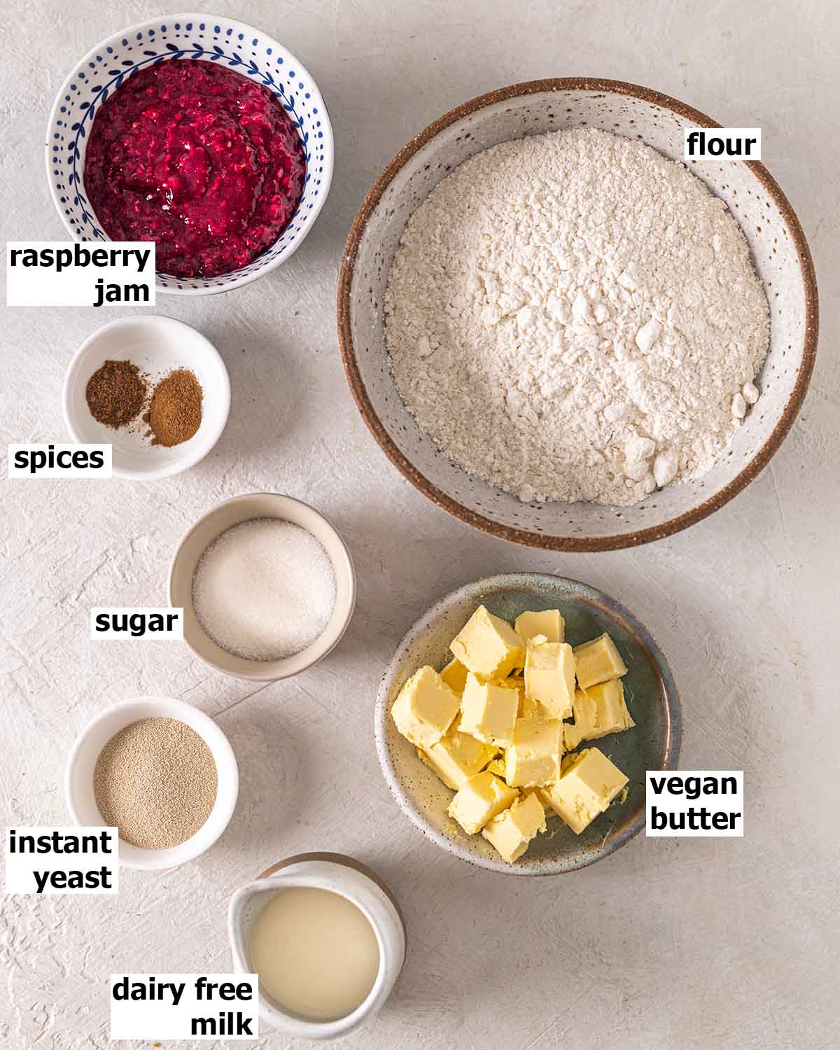 Flatlay of ingredients for the raspberry babka wreath recipe.