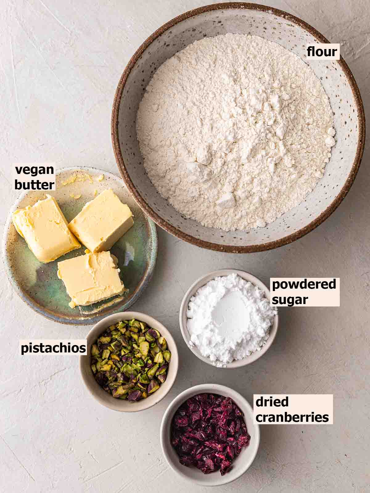 Flatlay of ingredients for vegan christmas shortbread.