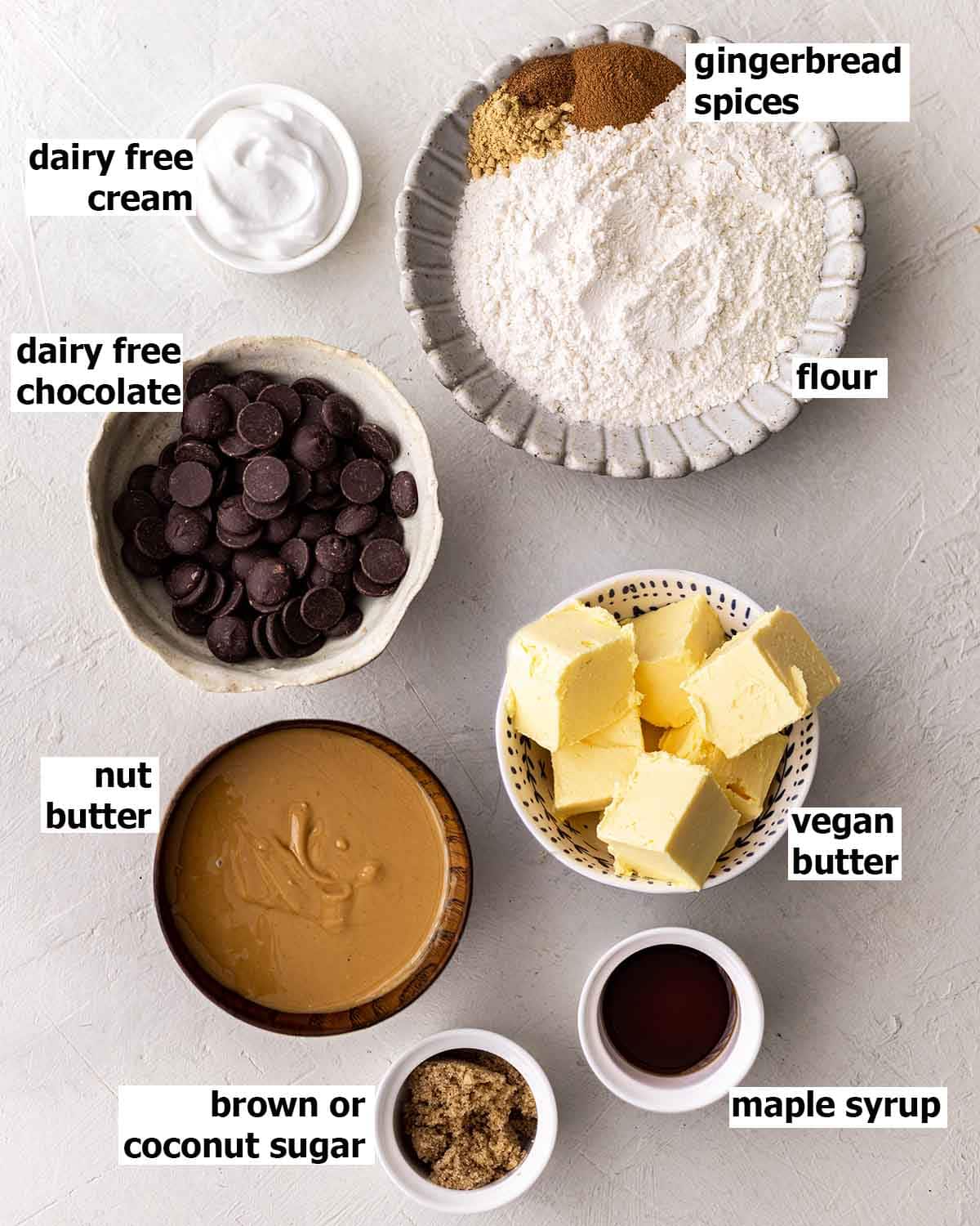 Flatlay of ingredients for caramel tart.
