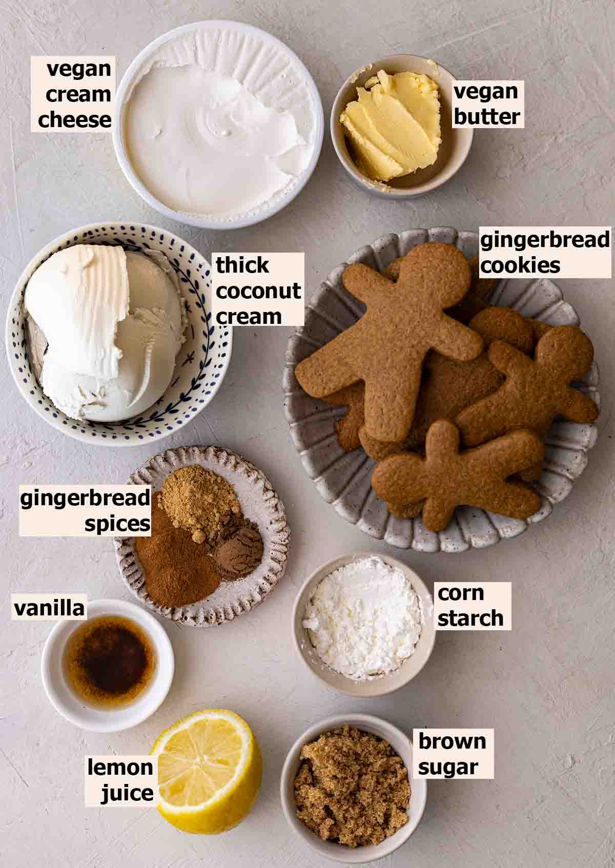 Flatlay of ingredients for gingerbread cheesecake.