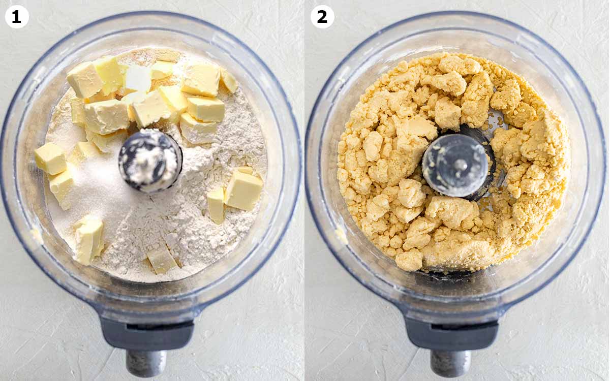 Two image collage of shortcrust pastry in food processor.