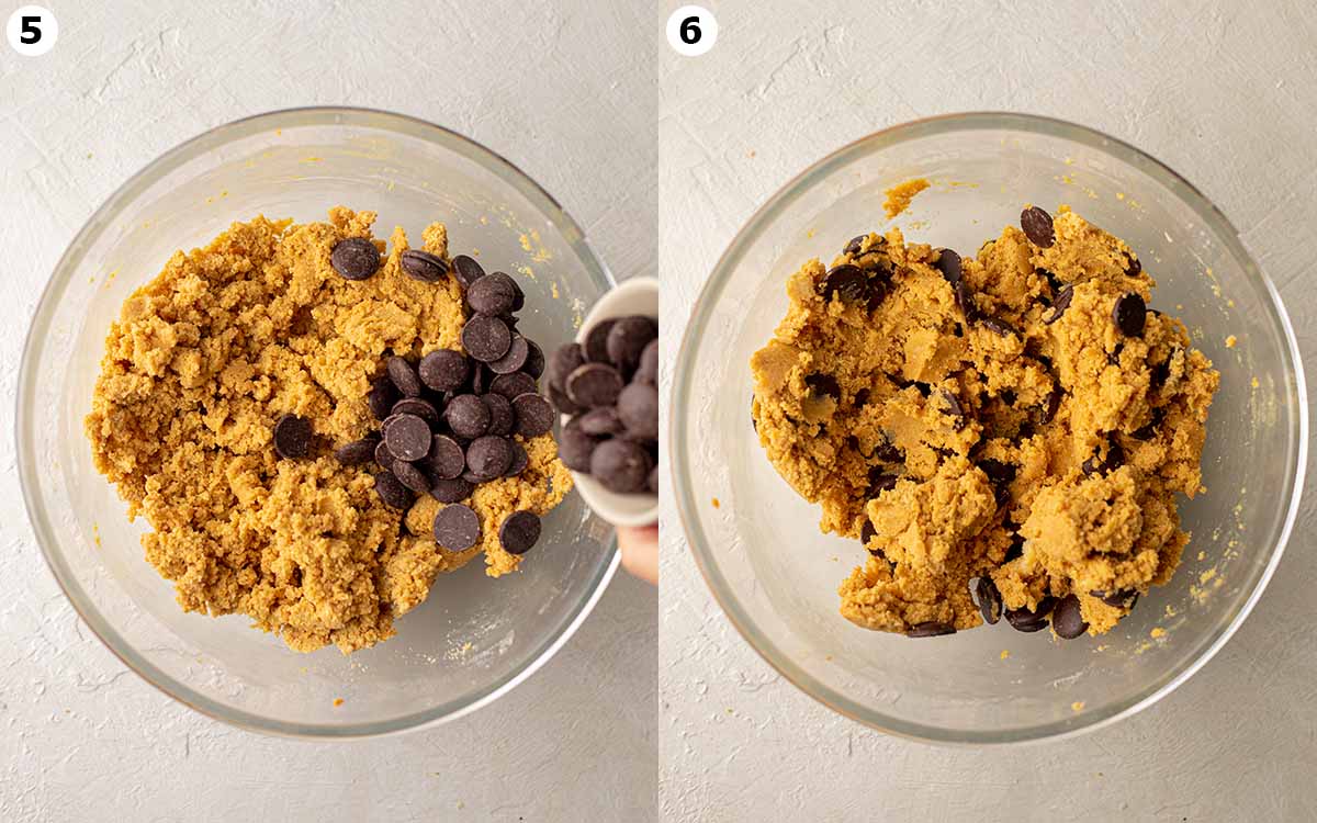 Two image collage of chocolate chips in pumpkin cookie dough.