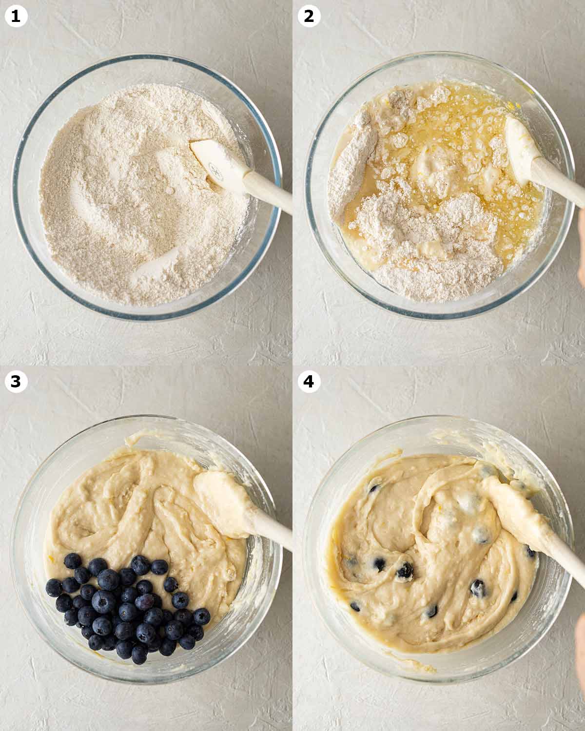 Four image collage of how to make the lemon blueberry cake batter. The final batter is thick.