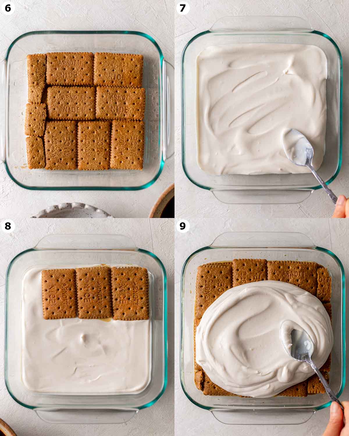 Collage of how to assemble the four layers of this tiramisu (cookies, mascarpone, cookies and mascarpone)