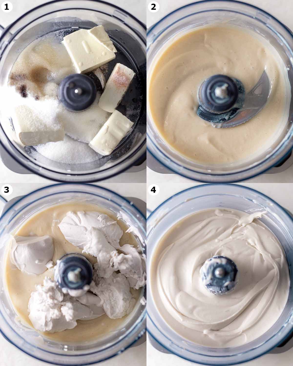 Four image collage of how to make mascarpone in food processor.