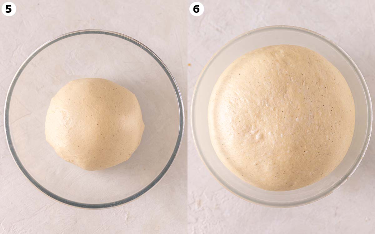 Two image collage of brioche-style dough in bowl for its first rise.