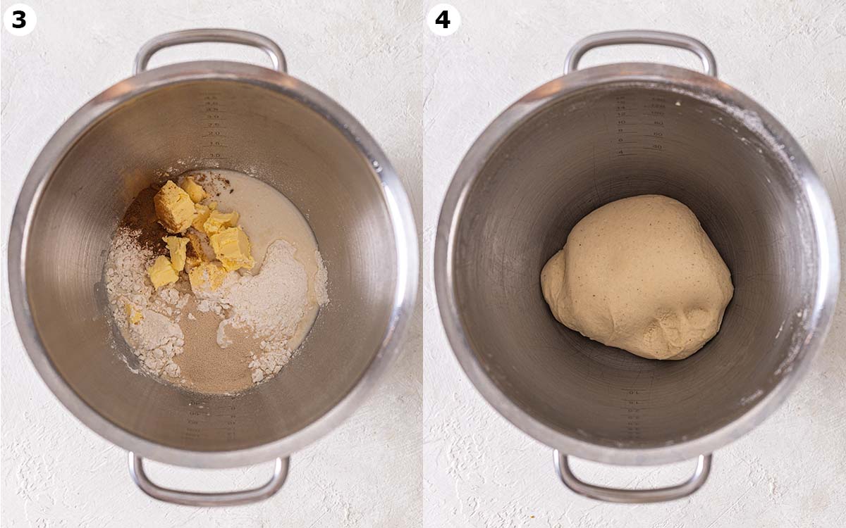 Two image collage showing ingredients in a stand mixer bowl and final smooth dough.