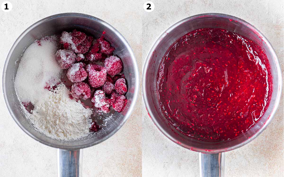 Two image collage of ingredients for jam in saucepan and final thick jam.