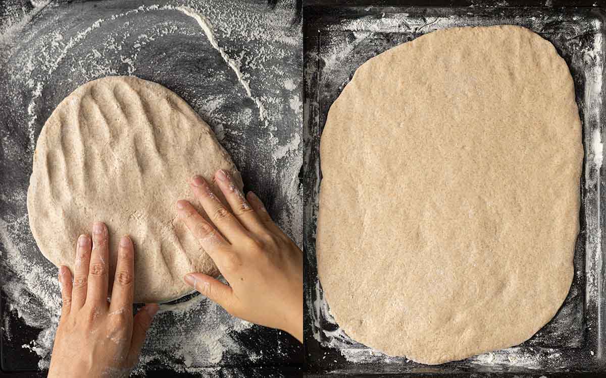 Two image collage of how to shape healthy pizza base.