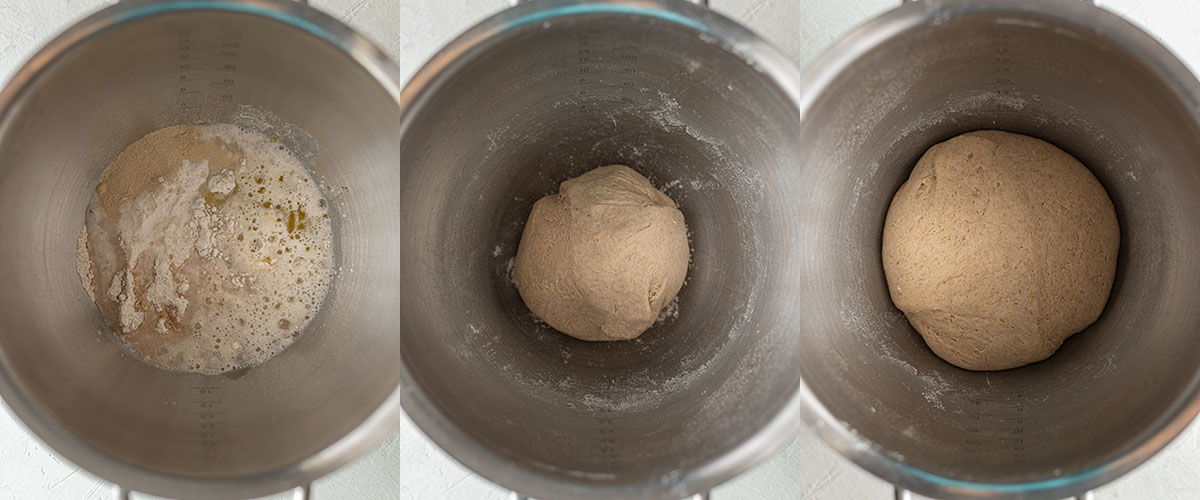 Three image collage showing how to make healthy pizza dough in stand mixer.