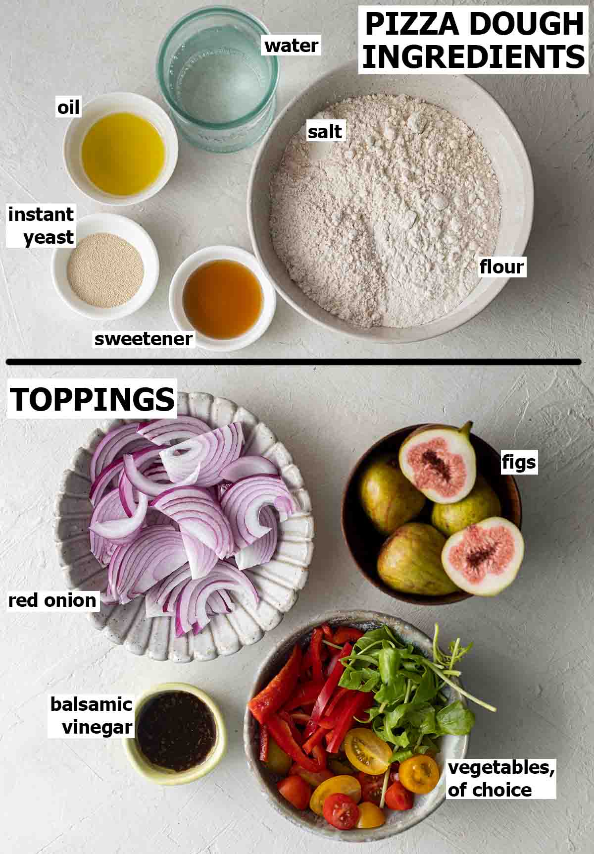 Flatlay of ingredients for healthy pizza dough and toppings.