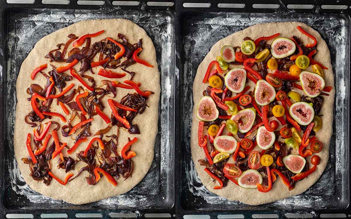 Two image collage of assembling figs, caramelized onions and vegetables on pizza base.