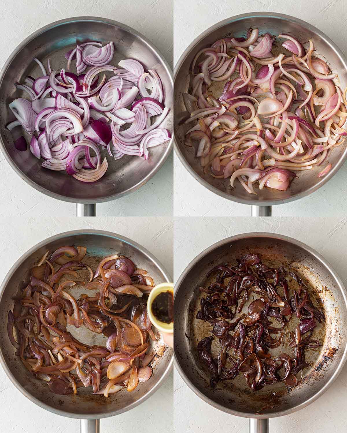 Four image collage showing how to make caramelized balsamic onions.