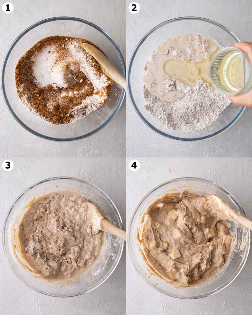 Four image collage showing how to make apple muffin batter in glass bowl.