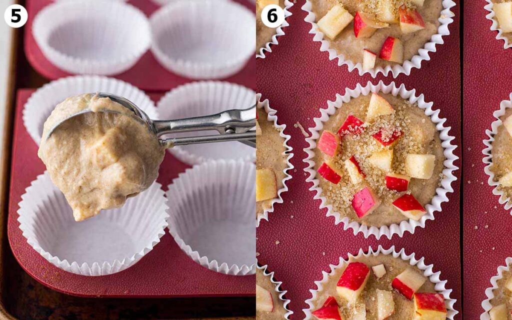 Four image collage showing how to make apple muffin batter in glass bowl.