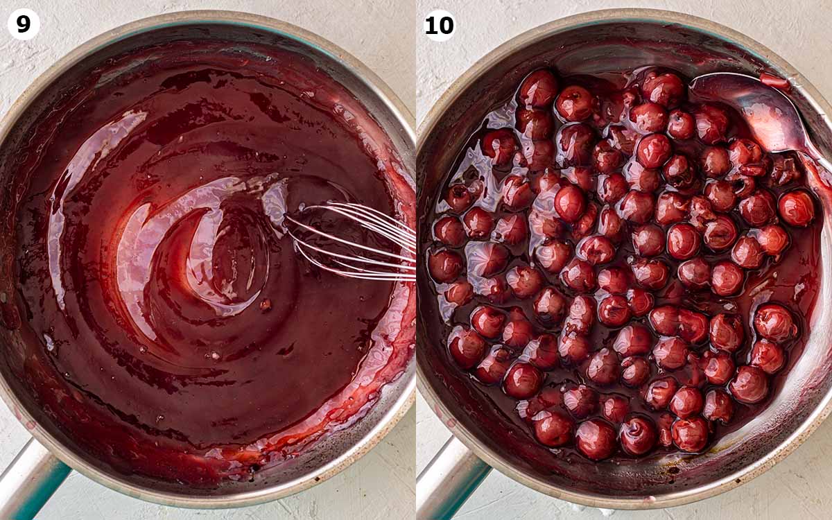 Two image collage of thickened chocolate custard showing ribbon stage and thickly coating the back of a spatula.